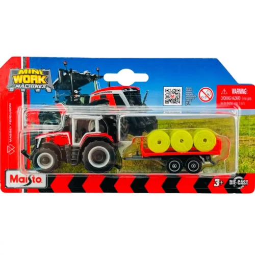 Maisto Mini Work Machine Tractor with Trailer - Massey Fergussen 8S.265 with Bale Trailer
