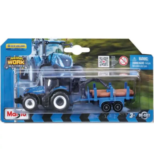Maisto Mini Work Machine Tractor with Trailer - New Holland T7.315 HD with Log Trailer