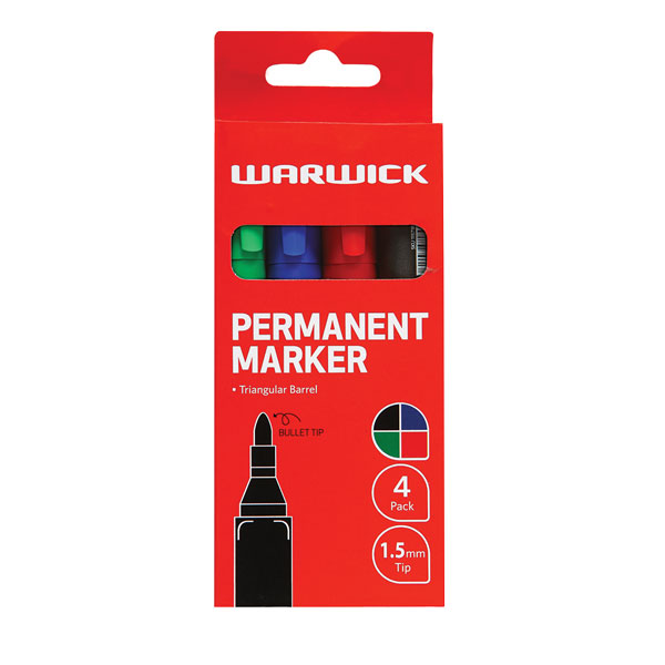 Warwick Permanent Marker Bullet Tip 4 Pack Assorted